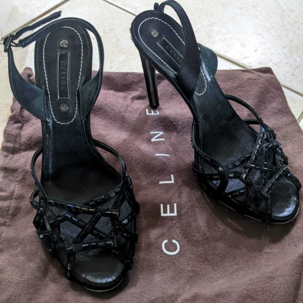 Vintage 90s Celine Caged Embellished Satin Strap Heel